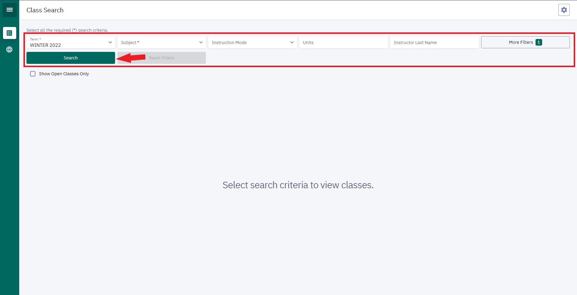 Once you've clicked the class schedule link, you'll be brought right into the class search page. Here you can set your filters for what you're trying to find, then click "Search".