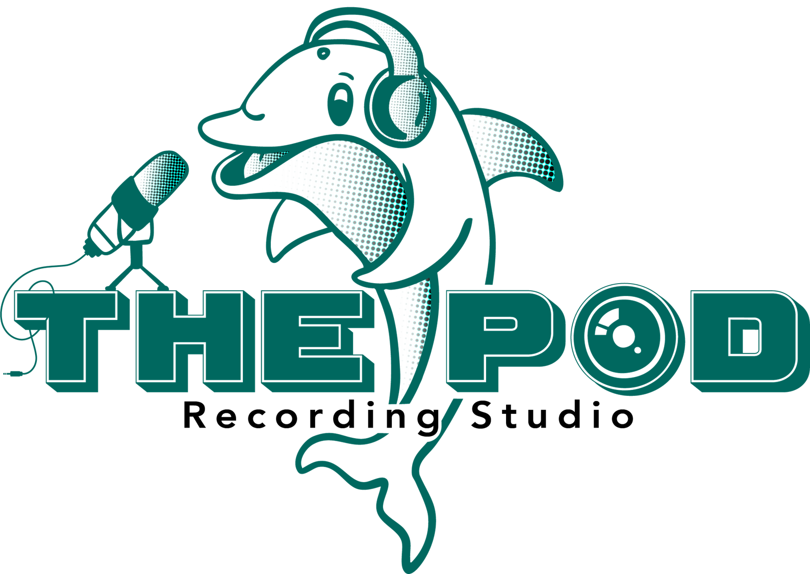 A dolphin with headphones and a microphone behind the words "The Pod
