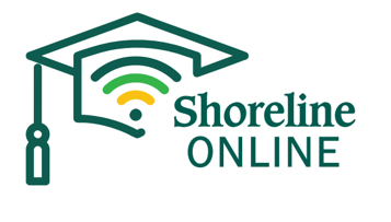 Shoreline Online logo with grad cap and Wifi logo in Shoreline colors.
